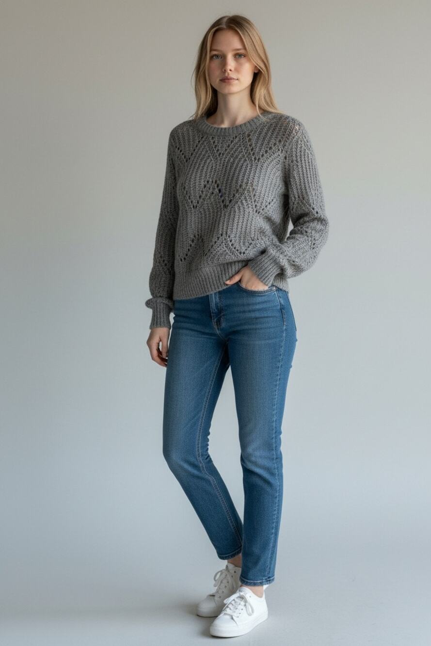 Abercrombie & Fitch Gray Wool Knit Pointelle Long Sleeve Crewneck Sweater Size S